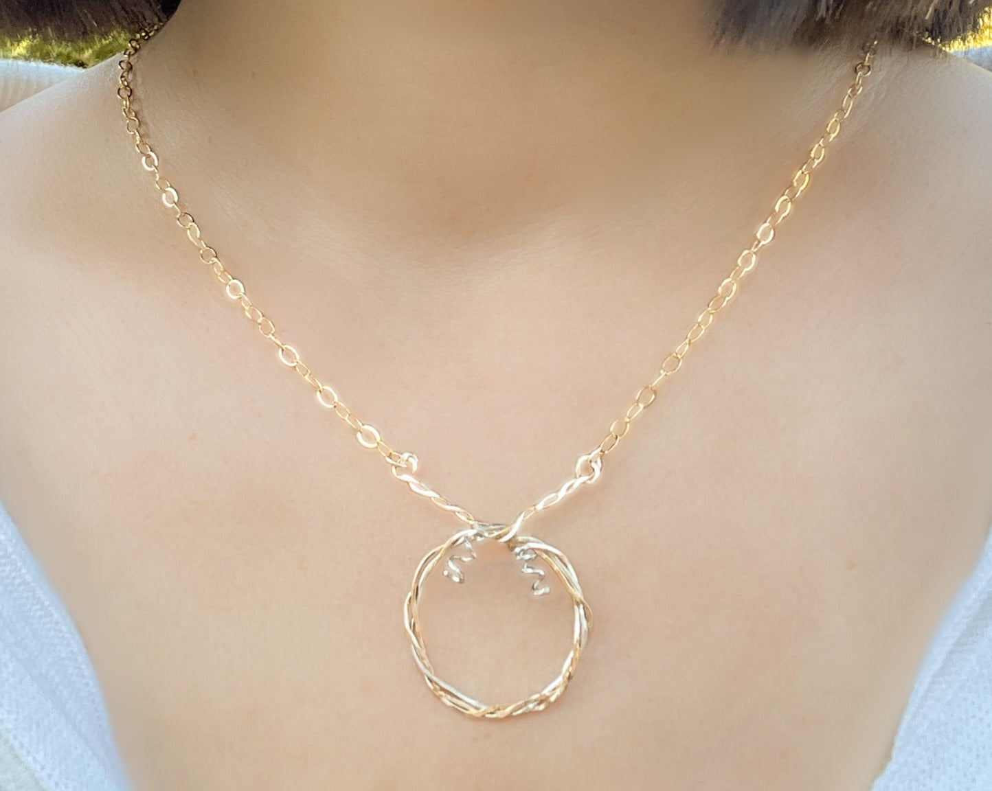 Gold and Silver Circle Twisted Pendant Necklace