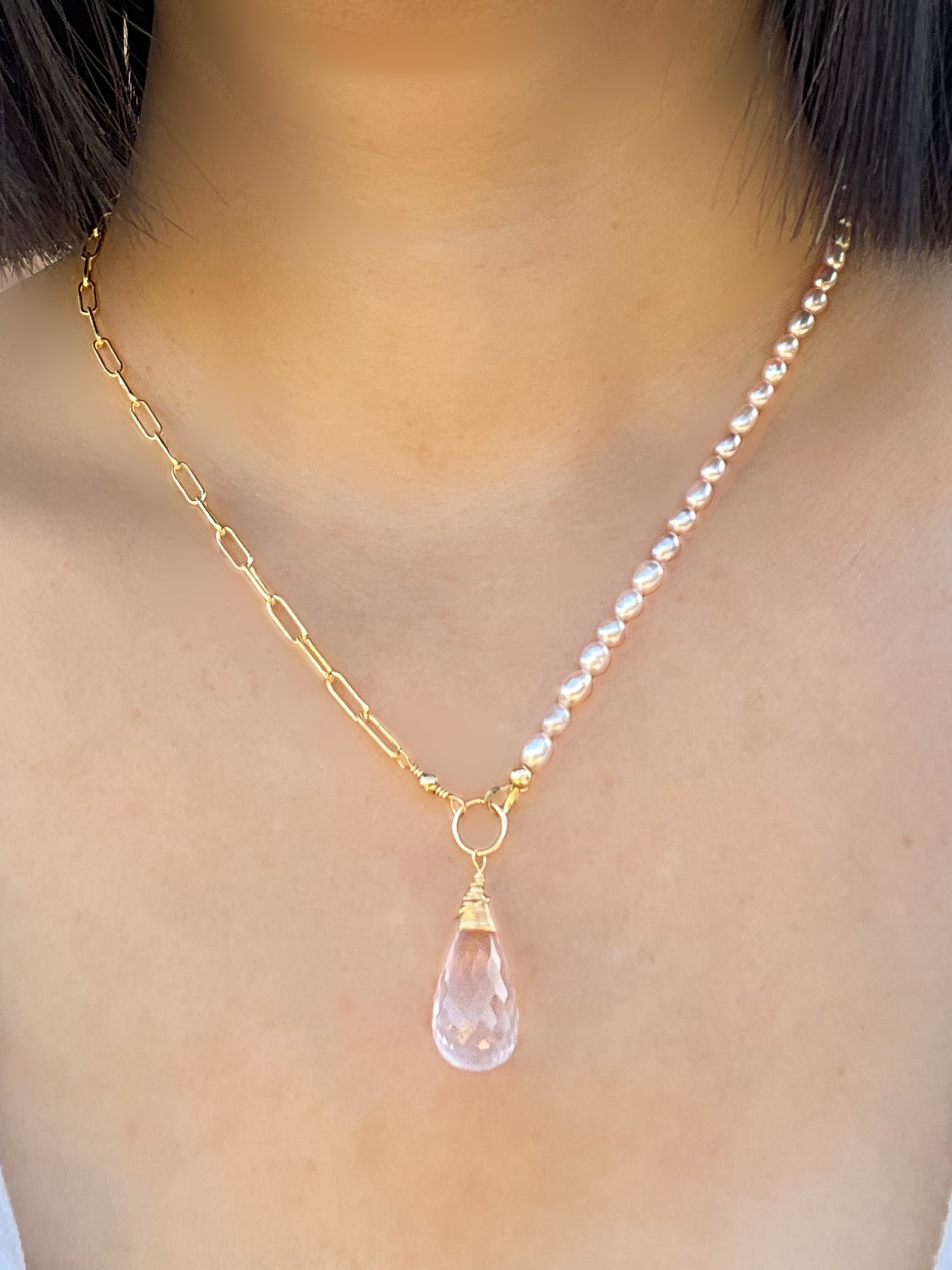 Rose Quartz Half Pearl Half Chain Necklace