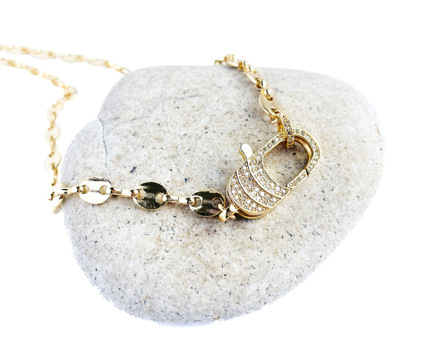 Gold Marine Link Necklace with CZ Lobster Claw Clasp